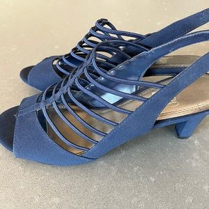 LIKE NEW Navy Strappy Stretch Sandal Heels, Size 8
